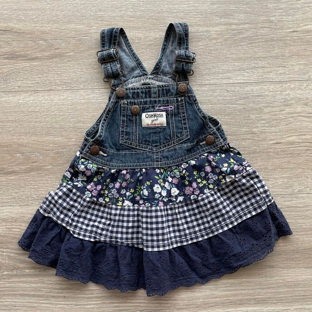 Oshkosh B'Gosh Baby Girl 18 Months Denim Overall Dress Ruffled Tiered Skirt Blue